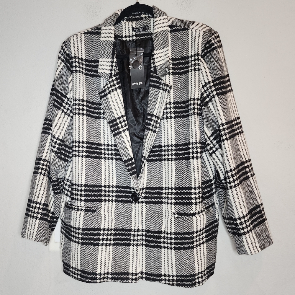 Size 4 Oversized NWT Nasty Gal‎  Wool Look Black White Plaid Blazer Jacket Coat